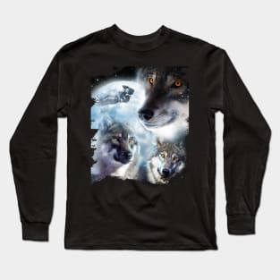 Space Wolves 3 Three Snow Wolf Howling At Moon Long Sleeve T-Shirt